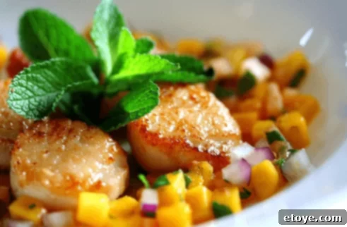Golden Seared Scallops with Mango Melon Salsa 1 featured 120