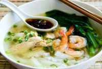 Malaysian Chicken Noodle Soup with Fresh Asian Greens and Spicy Chili Soy Sauce