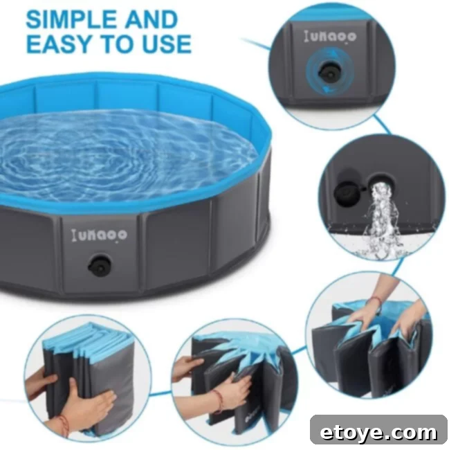 A happy dog splashing in a foldable dog pool in a backyard, showcasing pet summer fun and cooling.