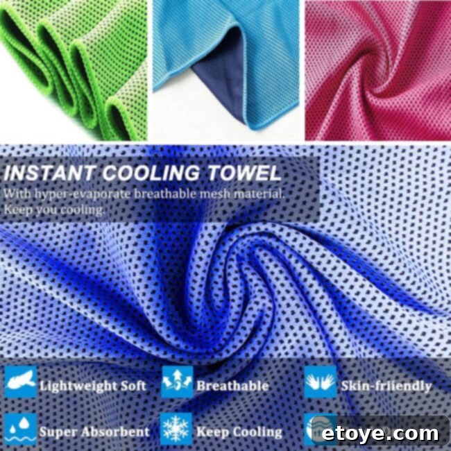 A set of four vibrant cooling towels, illustrating their portability and use for various activities.