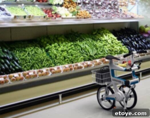The bicycle transformed into a functional shopping cart, showcasing its practical utility for grocery runs.