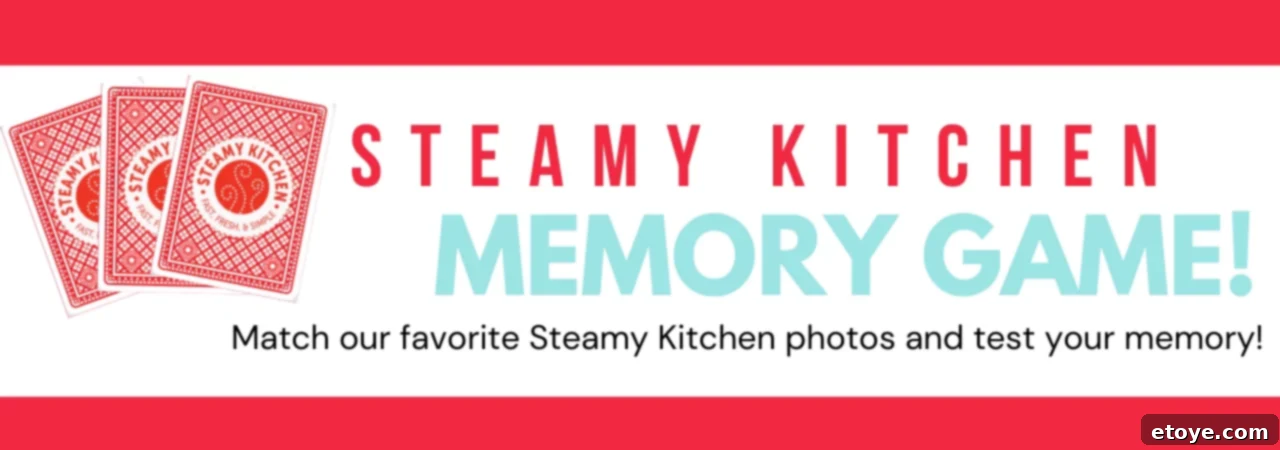 Sizzling Kitchen Memory Match 2 Steamy Kitchen's first memory game banner, featuring a collage of family, pets, and delicious food images.