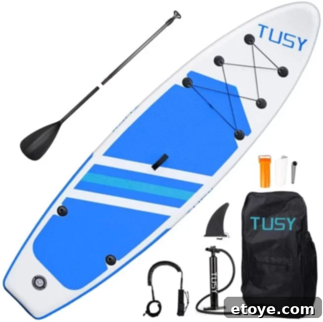 Epic Paddle Board Sweepstakes 2 TUSY Inflatable Stand Up Paddle Board on calm water with paddle and rider