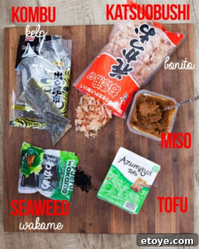 ingredients for miso soup recipes on board