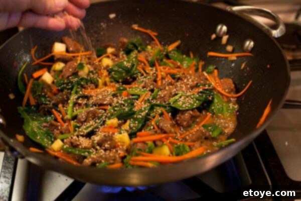 Bulgogi Rice Bowl 13 Cooked Korean Beef Rice Bowl filling, sprinkled with sesame seeds