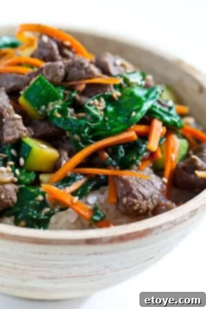 korean-rice-bowl-3549 Two images showcasing ingredients for Korean Beef Rice Bowl, including marinated beef and fresh vegetables