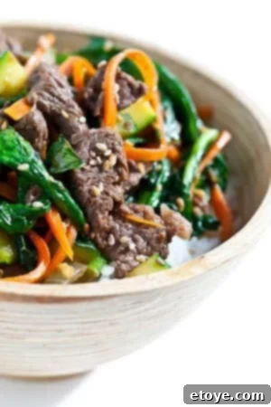 korean-rice-bowl-3548 Two images showcasing ingredients for Korean Beef Rice Bowl, including marinated beef and fresh vegetables