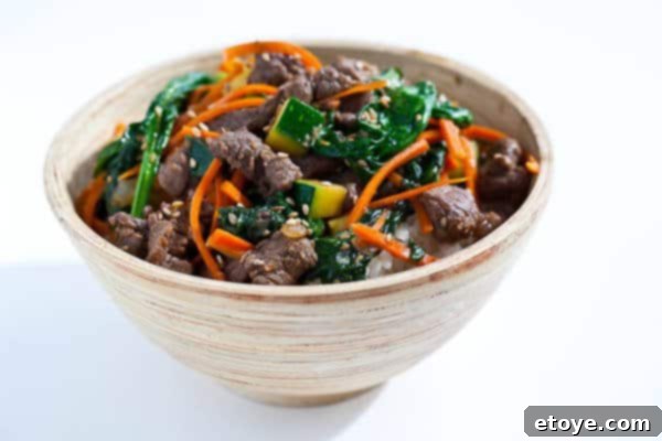 Bulgogi Rice Bowl 3 A bowl of Korean Beef Rice with fresh ingredients and sesame seeds