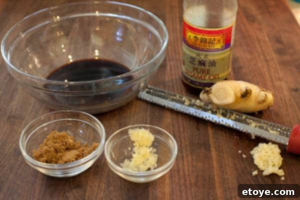 Bulgogi Rice Bowl 4 Ingredients for Korean beef marinade: soy sauce, sesame oil, grated ginger, garlic, brown sugar