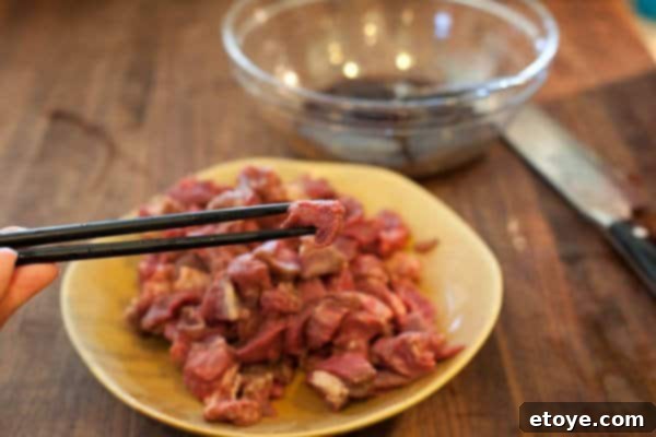 Bulgogi Rice Bowl 5 Beef cut into small, bite-sized pieces, ready for marination