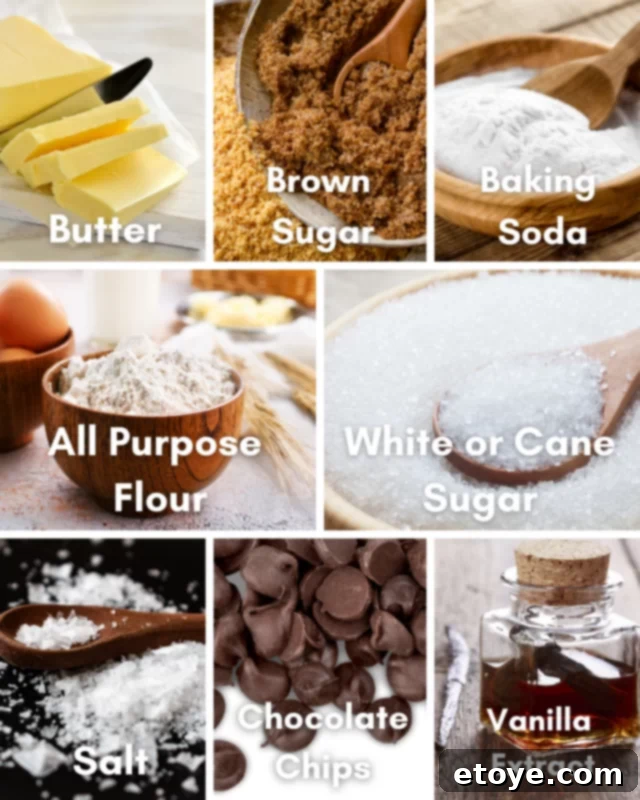 A curated ingredient shot for microwave chocolate chip cookies, featuring butter, sugars, flour, chocolate chips, and vanilla extract.