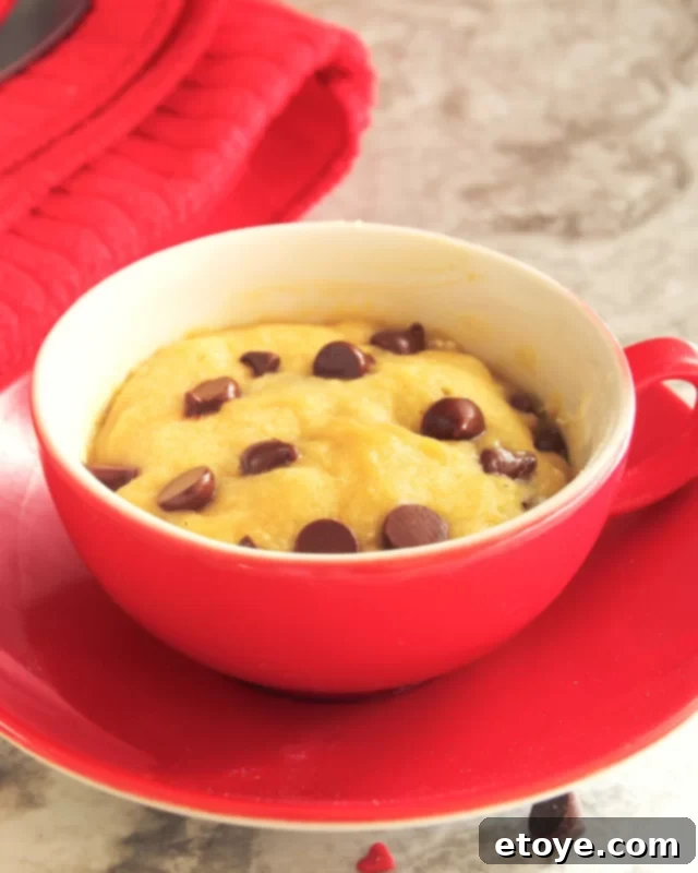 Close-up photo of a decadent chocolate chip cookie in a red mug, topped with extra chocolate chips, ready to be enjoyed.