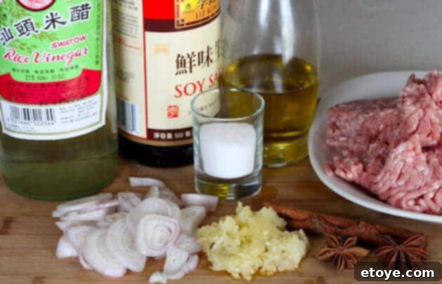 Sautéing Aromatics for Taiwanese Lo Ba A close-up view of the initial cooking stage for Taiwanese Lo Ba, showing ground pork, sliced shallots, and whole spices like star anise sizzling in a hot pan