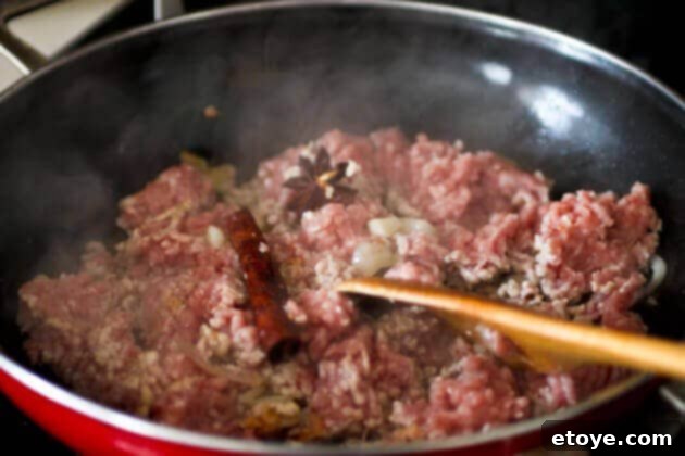 Browning Pork and Aromatics The cooking process of Taiwanese Lo Ba, showing browned ground pork mixed with sautéed shallots, garlic, star anise, and cinnamon stick in a non-stick pan