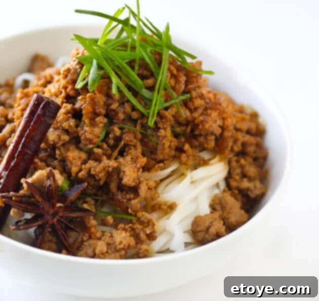 Taiwanese Lo Ba Served Over Noodles A beautifully presented bowl of Taiwanese Braised Pork Noodles (Lo Ba), featuring tender stewed pork over a bed of al dente rice noodles, ready to be enjoyed