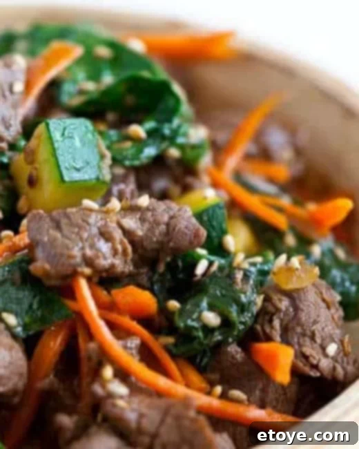 Vibrant and healthy Korean Beef Rice Buddha Bowl featuring colorful vegetables, beef, and rice.