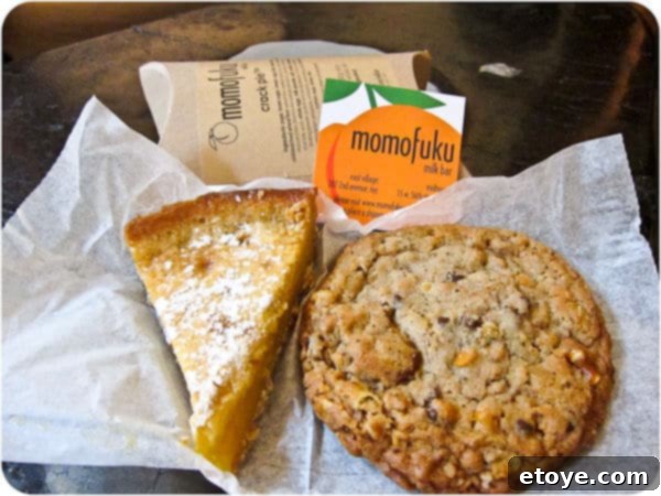 A close-up of delicious Crack Pie and a Compost Cookie from Momofuku Milk Bar, iconic New York City desserts