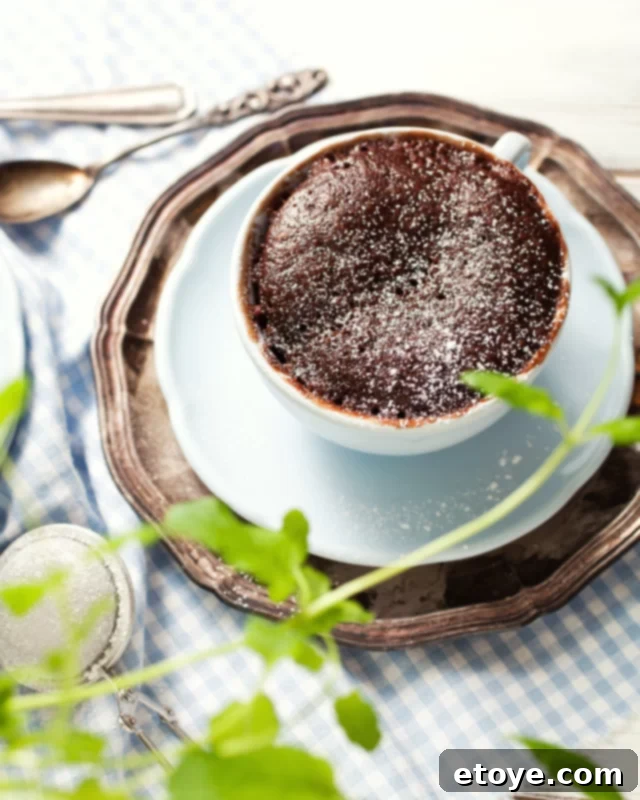 Heavenly Nutella Chocolate Cake 4 An overhead shot of a freshly microwaved chocolate Nutella mug cake, garnished with a sprinkle of powdered sugar on a blue plate with a plaid napkin.