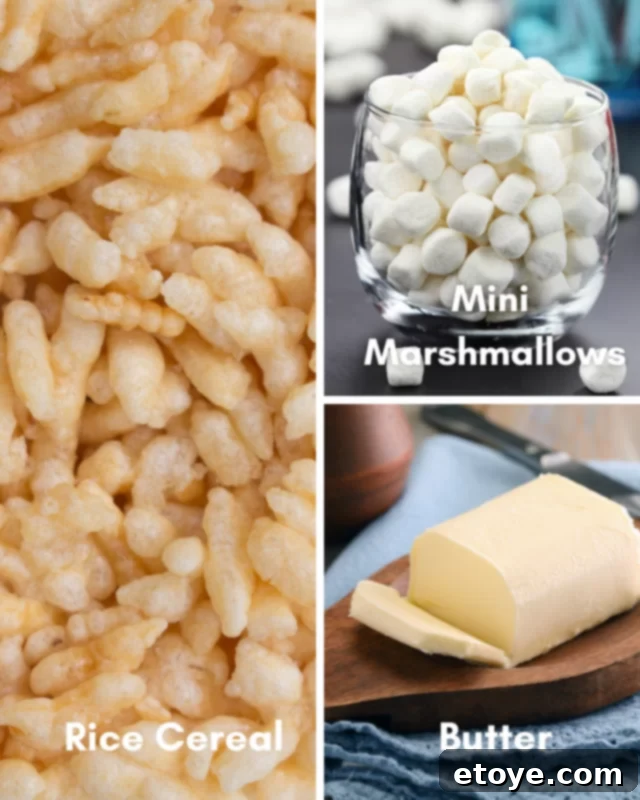 Simple ingredients laid out for making Rice Krispie treats: butter, mini marshmallows, and rice cereal.