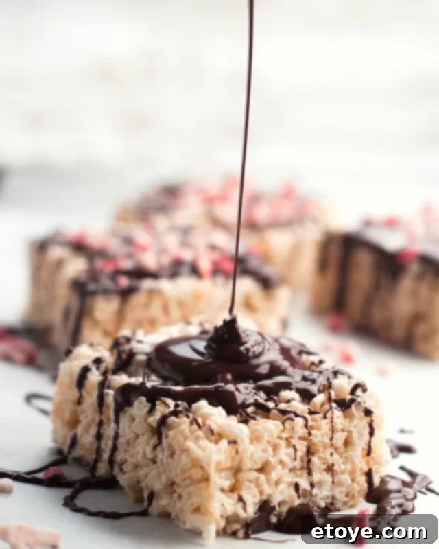 Microwave Rice Krispie treats drizzled with dark chocolate, presented beautifully.