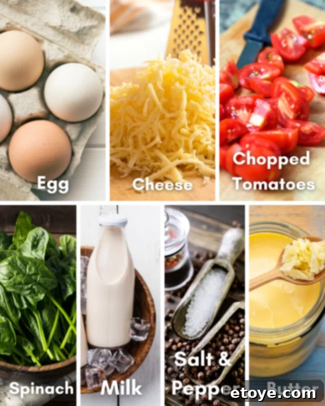 Quick-Fix Quiche Cup 3 Assortment of fresh ingredients for easy microwave quiche including butter, egg, milk, chopped tomatoes, fresh spinach, and grated cheese, laid out on a wooden board.