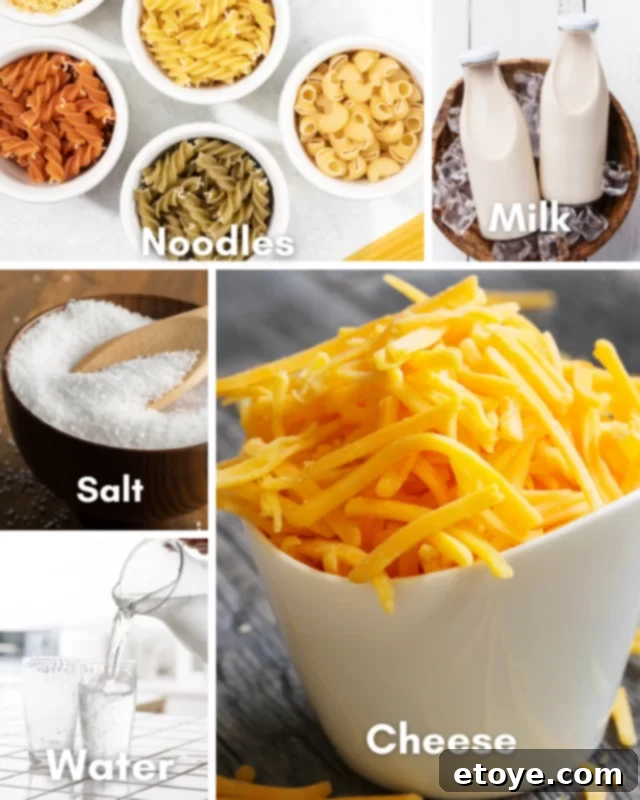 Essential ingredients laid out for making quick microwave mac and cheese: dry pasta, milk, cheese, salt.