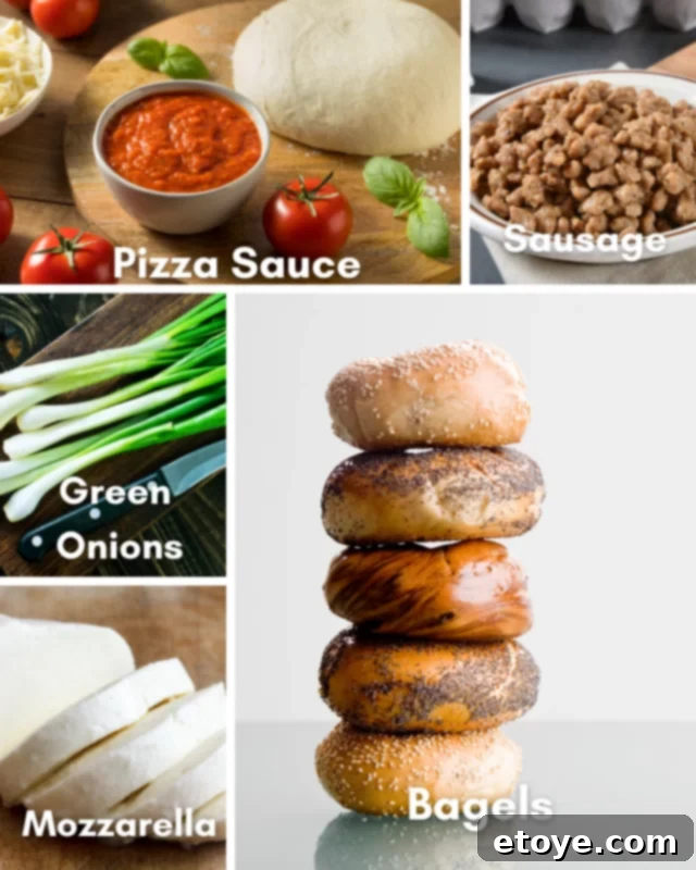 Ingredients laid out for making microwave pizza bagel bites.