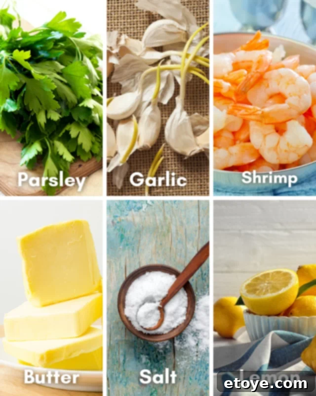 Garlic Shrimp in Minutes 4 Fresh ingredients laid out for microwave garlic shrimp: raw shrimp, butter, garlic cloves, fresh parsley, salt, and a lemon.