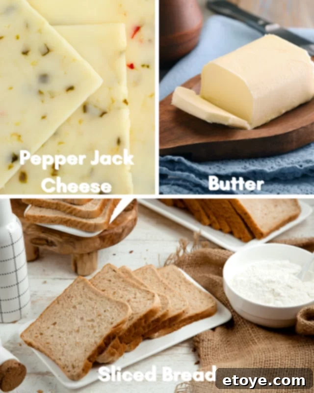 Easy Microwave Grilled Cheese 3 Ingredients for grilled cheese, including butter, bread, and pepper jack cheese slices.