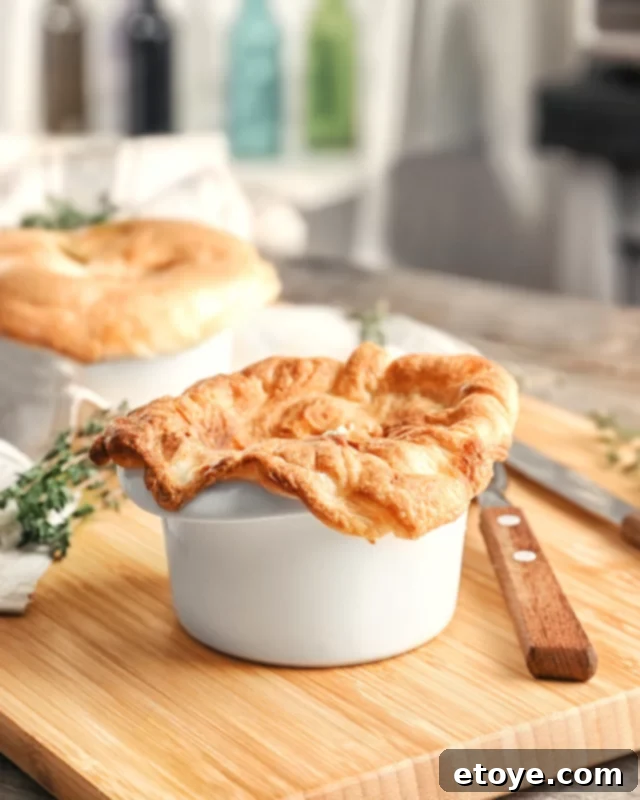 Chicken pot pie in a white ramekin, ready to be eaten.