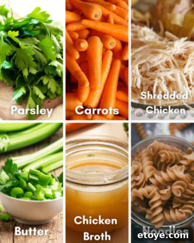 Ingredients for making quick chicken noodle soup in the microwave, including noodles, broth, cooked chicken, and vegetables.