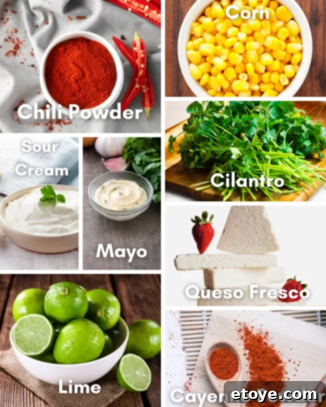 Ingredients for Elote, including corn, sour cream, mayo, spices, cheese, cilantro, and lime.