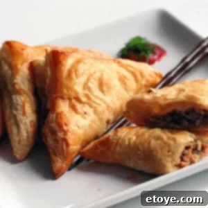 Golden Hoisin Chicken Parcels 2 Golden brown Chinese pastries with Hoisin chicken filling, garnished with fresh herbs.