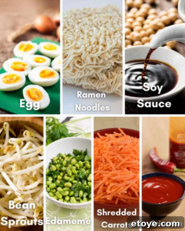 Elevate Your Microwave Ramen 3 A collection of fresh ingredients laid out, including instant ramen noodles, shredded carrots, shelled edamame, bean sprouts, and a soft-boiled egg, ready for assembly.