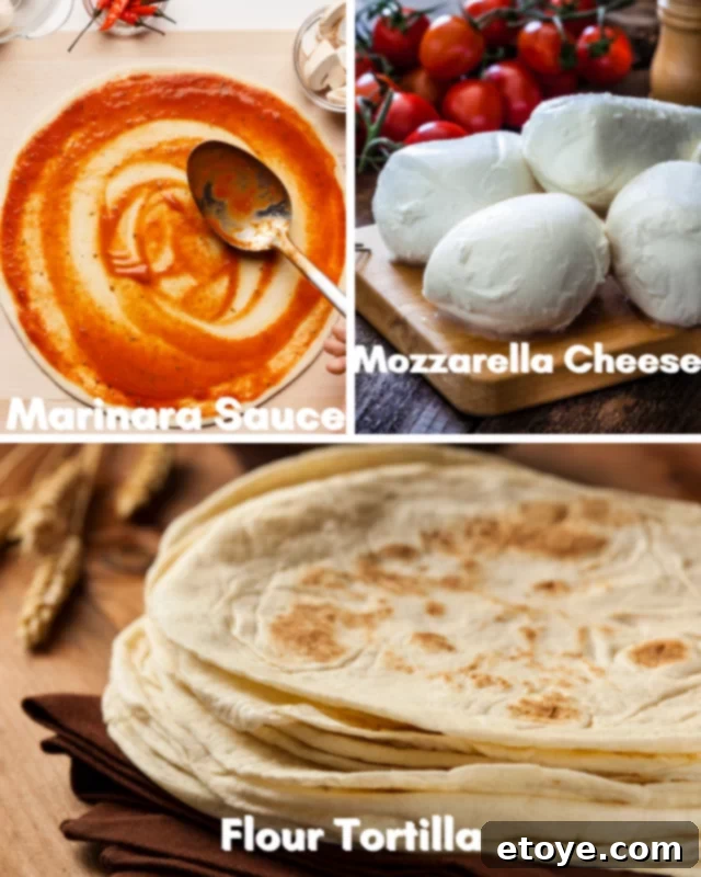 Ingredients laid out for making a quick tortilla pizza: flour tortilla, marinara sauce, and mozzarella cheese.