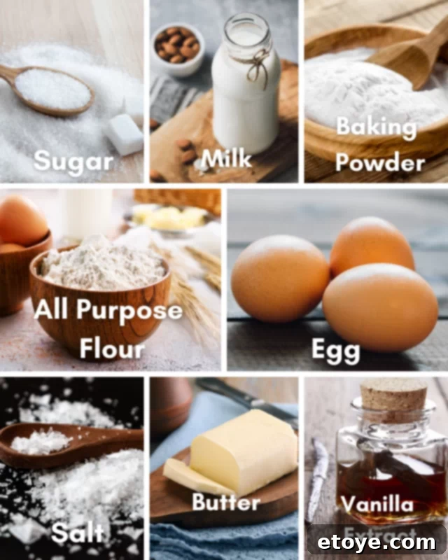 Microwave Pancakes: Quick and Easy Delights 3 Ingredients for making quick microwave pancakes laid out on a table.