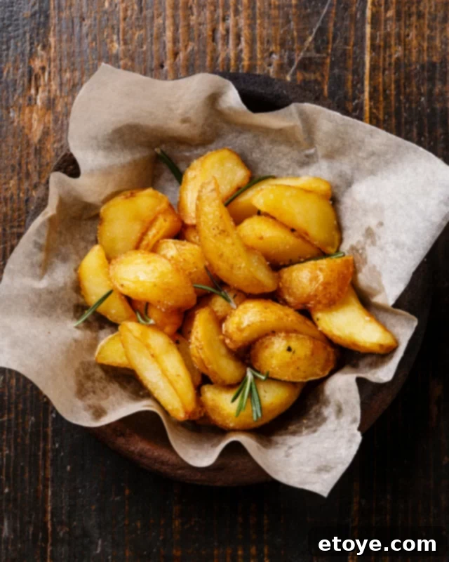 Perfectly microwaved potato wedges garnished with fresh rosemary on white parchment paper, ready to be served.