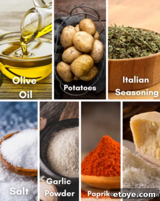 A flat lay image showing all the fresh ingredients needed for easy microwave potato wedges, including whole potatoes, olive oil, and various spices.