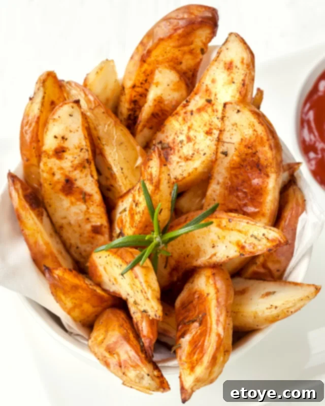 Microwaved potato wedges served in a white bowl with a side of ketchup, ready for dipping.