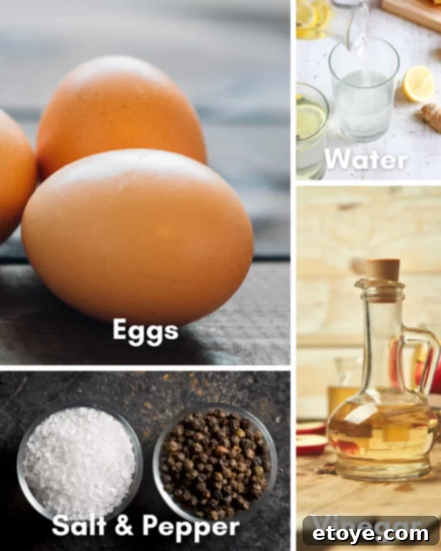 Easy Microwave Poached Eggs 3 A selection of fresh ingredients including eggs, water, vinegar, salt, and pepper, perfectly arranged for microwave poached egg preparation.