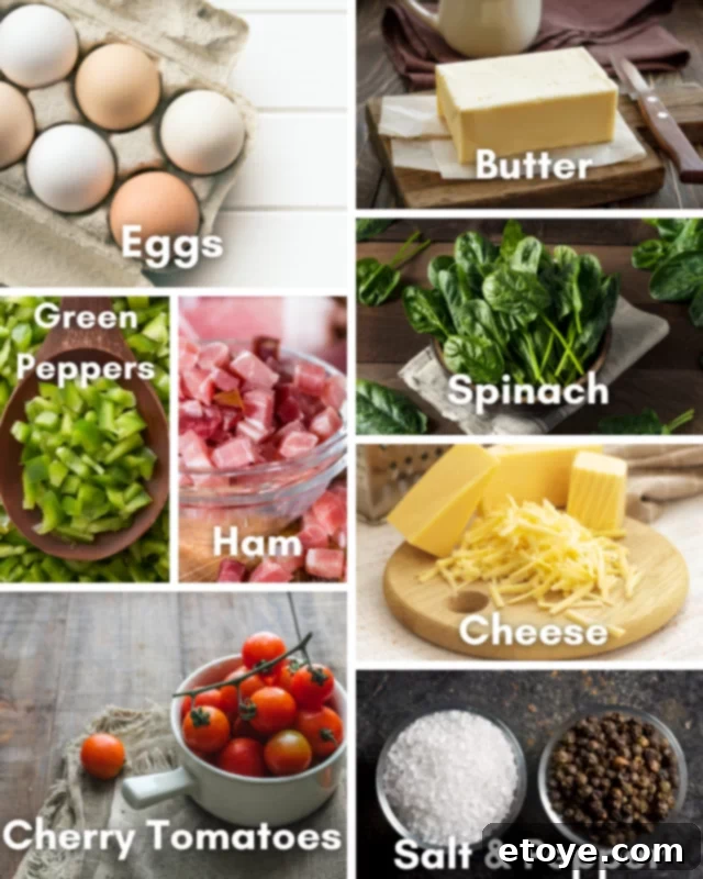 Effortless Microwave Frittata 3 Fresh ingredients laid out for a microwave frittata, including whole eggs, a stick of butter, diced cooked ham, vibrant green bell peppers, fresh spinach leaves, cherry tomatoes, and a block of cheese.