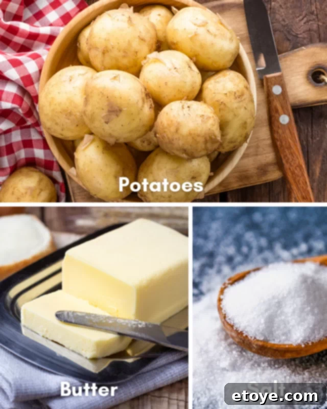 Microwave Baked Potato Perfection 3 Ingredients for a microwave baked potato, including a russet potato, butter, salt, and pepper.