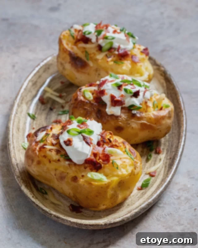 Microwave Baked Potato Perfection 5 Four loaded baked potatoes with various toppings like sour cream, green onions, and bacon on a grey plate.