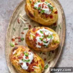 Microwave Baked Potato Perfection 6 Three perfectly cooked microwave baked potatoes on a grey plate, ready to be topped.