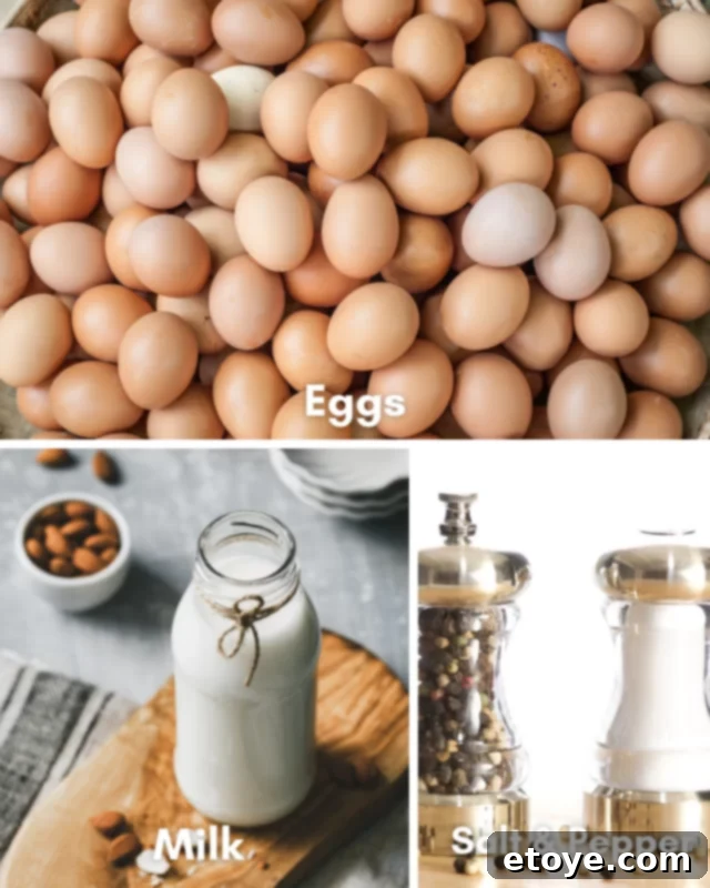 Speedy Microwave Scramble 3 Ingredients for scrambled eggs in the microwave.