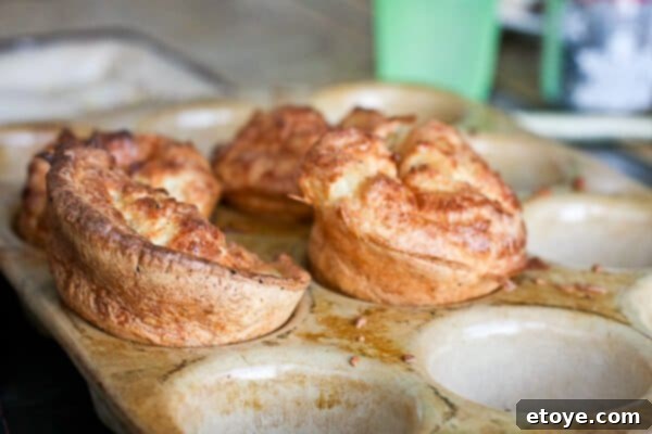 A muffin pan filled with perfectly risen, golden brown Yorkshire Puddings, fresh from the oven.