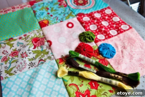 Whip Up Your Own Kitchen Hand Towels 23 Placement of Yo-Yos and Embroidery Design