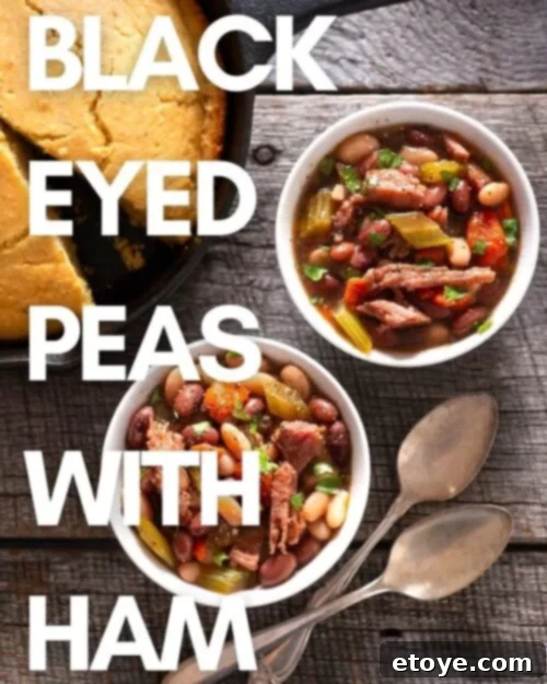 New Year Good Luck Black Eyed Peas and Ham 2 Black eyed peas and ham in white bowls.