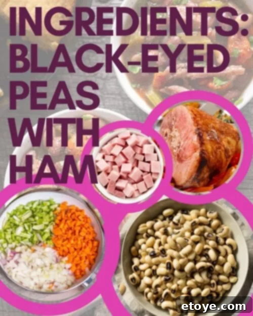 New Year Good Luck Black Eyed Peas and Ham 3 ingredients for black eyed peas with ham infographic.