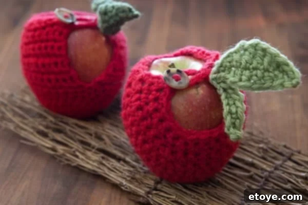 Handmade crocheted apple cozy, protecting fruit from bumps and bruises